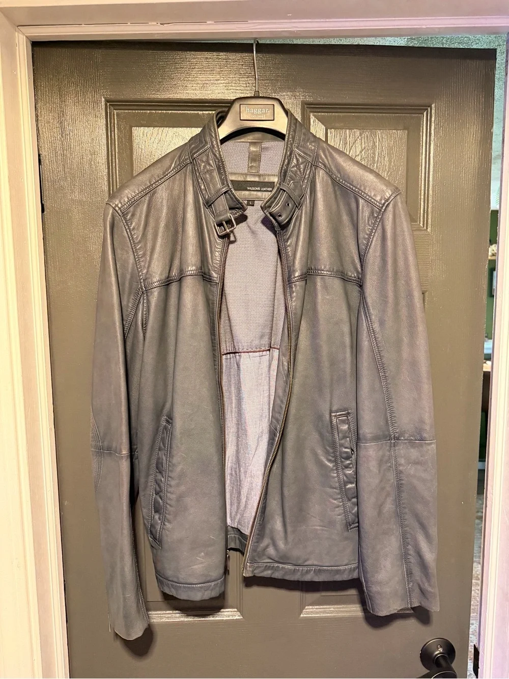 Wilsons Leather Men's Blue Leather Bomber Jacket with Buckle Collar